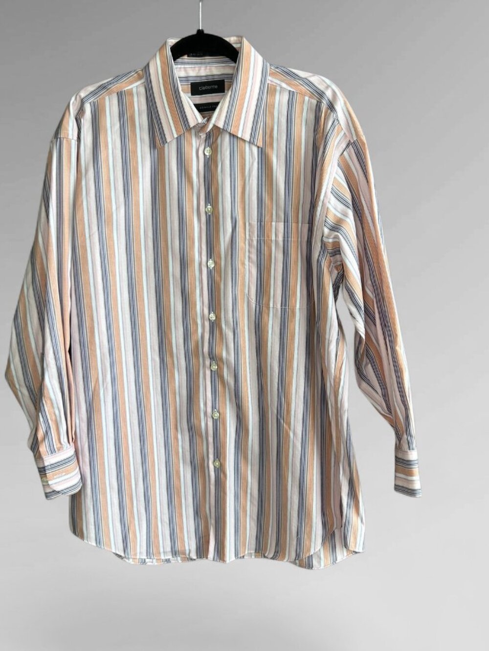 Claiborne Men's Vintage Shirt Peach Gray Striped Button Front Size Large